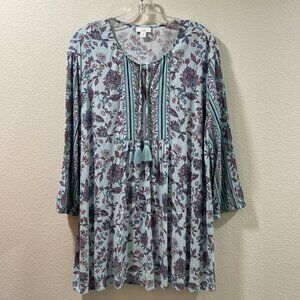 J. JILL Boho Floral Peasant Blouse 3/4 Sleeve Tassel Tie V-Neck, Aqua/Pink - XL